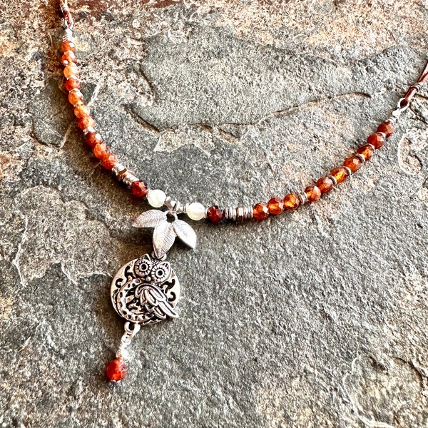 Owl necklace, Hessonite Garnet gemstones, Milky Moonstone gemstone, owl gifts, leather, beaded necklace, delicate necklece