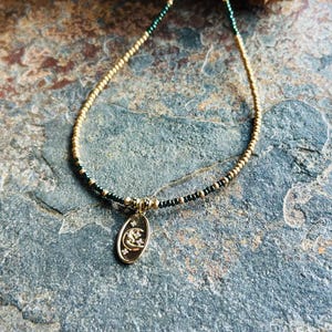 14K Gold Filled Moon & Star Charm Necklace: Green Seed Bead Jewelry