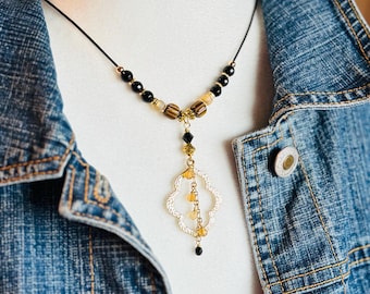 Black Onyx & Citrine Pendant Necklace, Gold Moroccan Pendant, Leather Cord