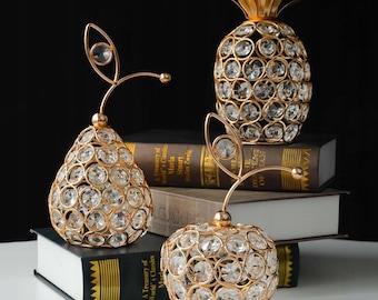 Crystal Fruit Ornaments Set – Gold Metal Apple, Pear & Pineapple Decoration, White Crystal Home Decor, Sparkling Photography Props