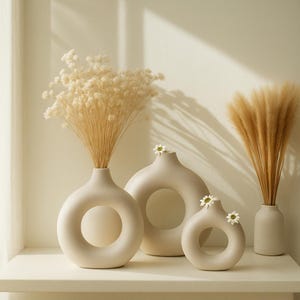 Peut inclure: Plusieurs vases en céramique beige avec des ouvertures circulaires, contenant des fleurs séchées et de l'herbe de la pampa. Les vases sont de tailles et de formes variées, avec un design minimaliste. Certains vases ont de petites fleurs blanches.
