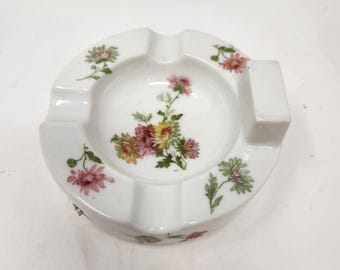Vintage Limoges Porcelain Ashtray ~ White With Pink, Yellow and White Flowers ~4.5" x 1" ~ 1900s ~ Made in France