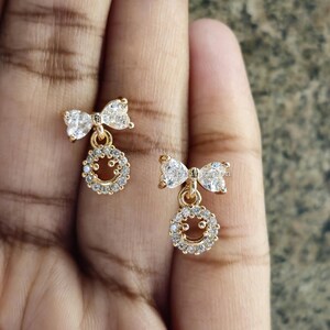 Bow Tie 18K Yellow Gold Studs, Bow and Smiley Face Dangling Charm Hoop Earrings