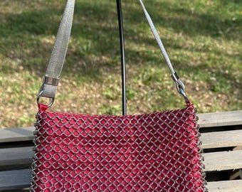 Vintage Whiting & Davis Interlocking Chainmail Mesh Shoulder Bag Purse Red Satin