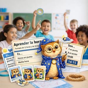 May include: A whimsical educational image features a cartoon owl dressed as a wizard, surrounded by children. The owl holds a pen, pointing to cards with time-telling examples. Cards and signs with text in Spanish are also present.