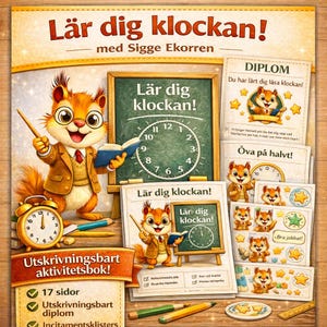 May include: Educational poster set featuring a cartoon squirrel teaching how to tell time. The poster includes a clock, a chalkboard, and various learning materials. The text reads "Learn to tell time!" and "Activity book".