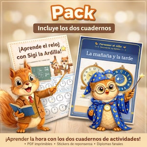 May include: Two educational workbooks with cartoon characters. One features a squirrel teaching time, the other an owl wizard. The text on the workbooks reads "Learn the time with Sigi the Squirrel!" and "Morning and Afternoon."