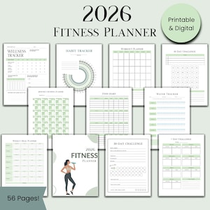 May include: A 2026 fitness planner with pages for tracking wellness, habits, workouts, and meals. Includes a 30-day and 7-day challenge. The cover shows a woman drinking water. The planner is printable and digital, with 56 pages. Measurements are not applicable.