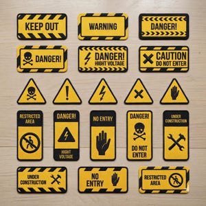 Puede incluir: Un conjunto de señales de advertencia amarillas y negras con varios símbolos y textos, incluyendo "Peligro", "Precaución" y "Prohibido el paso". Las señales presentan símbolos de peligro, como una calavera y rayos.
