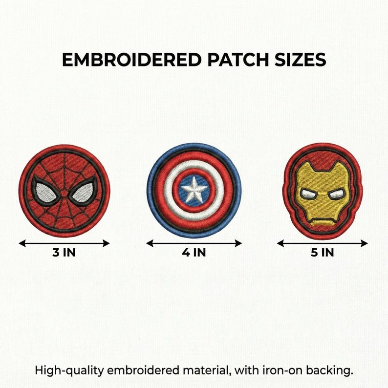 May include: Embroidered patches featuring Spider-Man (3 inches), Captain America's shield (4 inches), and Iron Man's mask (5 inches). The patches are red, blue, and gold, with high-quality embroidered details. The text "EMBROIDERED PATCH SIZES" is at the top.