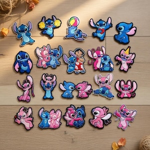 May include: A collection of embroidered patches featuring the character Stitch from the animated film Lilo & Stitch. The patches showcase Stitch in various poses and colors, including blue and pink, with some holding objects like a beach ball or heart.