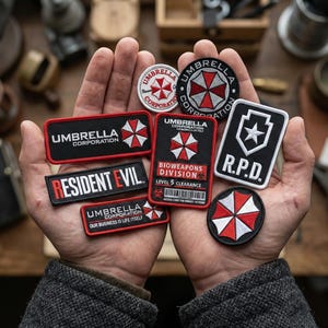 Könnte beinhalten: Eine Sammlung gestickter Aufnäher mit dem Logo der Umbrella Corporation, einem rot-weißen Schirm-Design. Die Aufnäher enthalten Texte wie "Resident Evil", "R.P.D." und "Biowaffenabteilung".