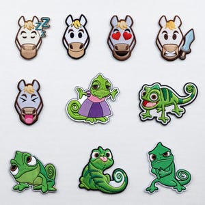 May include: A collection of embroidered patches featuring cartoon horse faces with various expressions, including sleeping, loving, and angry. Also included are patches of a green chameleon with different poses and expressions.