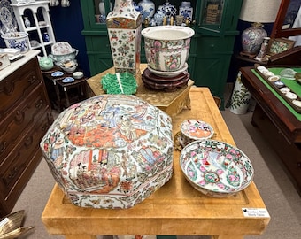Large Antique Chinese Rose Medallion octagonal porcelain rice warmer.