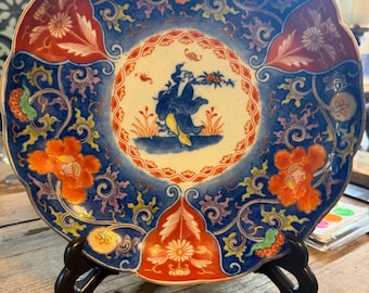 Cuenco antiguo Imari azul y rojo hierro: pintado a mano, circa 1800, 8,5 cm de diámetro.