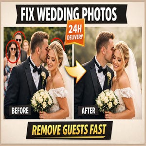 May include: An advertisement for wedding photo editing services. The image shows a before-and-after comparison of a wedding photo, with the text "FIX WEDDING PHOTOS" and "REMOVE GUESTS FAST". A 24-hour delivery icon is also present.