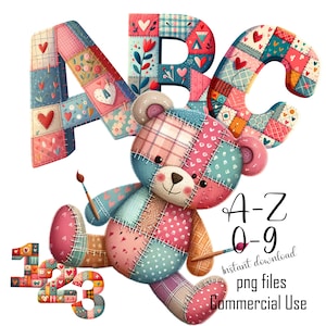 Clipart de alfabeto em patchwork | Conjunto PNG de A-Z e 0-9 + 6 caracteres (Download digital para uso comercial)