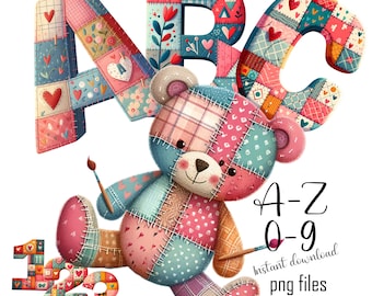 Imágenes prediseñadas de alfabeto con efecto patchwork / A-Z, 0-9 PNG + 6 caracteres (descarga digital para uso comercial)