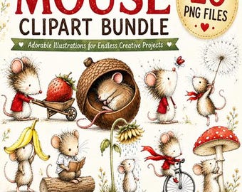 Paquete de imágenes prediseñadas de ratones caprichosos / Lindos animales del bosque en formato PNG / Decoración para guardería, pegatinas, imprimibles para álbumes de recortes