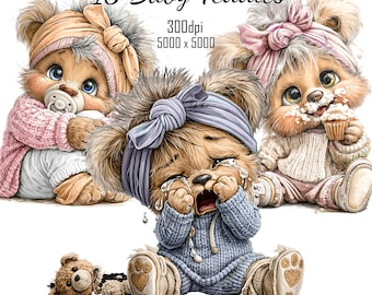 Imágenes prediseñadas de ositos de peluche en formato PNG, decoraciones para baby shower, láminas imprimibles para la habitación del bebé, linda ilustración de oso para invitaciones.