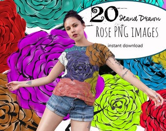 Paquete de 20 imágenes prediseñadas PNG de rosas vibrantes / Gráficos florales dibujados a mano / Descarga instantánea / Fondo transparente / Uso comercial