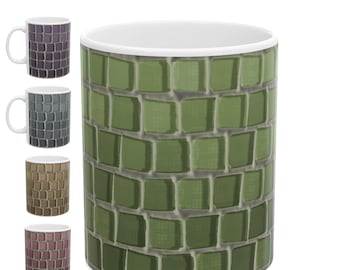 Taza con diseño de azulejos de cerámica, taza de café con mosaico colorido, diseño de ladrillo de piedra pizarra Damson Apple, regalo de cocina único, vajilla moderna