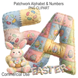 Może przedstawiać: Kolorowy patchwork z literami "E", "A" i "S" oraz słowem "EASTER". Litery wykonane są z kwadratów materiału w pastelowych kolorach z wzorami jajek wielkanocnych i żelków. Obecny jest również pluszowy królik trzymający koszyk z jajkami. Widoczny jest również tekst "Patchwork Alphabet & Numbers PNG CLIPART" i "Commercial Use".