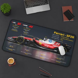 May include: A rectangular desk mat featuring a detailed technical illustration of a Ferrari SF26 Formula 1 race car. The design includes driver statistics for LEC 16 and HAM 44, alongside technical specifications like engine type, bore, and stroke.