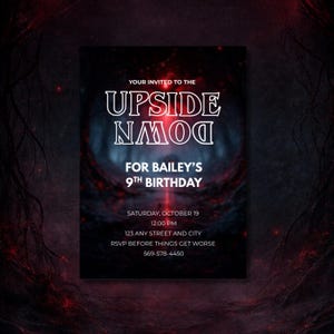 May include: A dark invitation card with the text "UPSIDE DOWN" in a white, retro font. The card is for Bailey's 9th birthday, with the date, time, and RSVP information. The background is a dark, ominous scene.