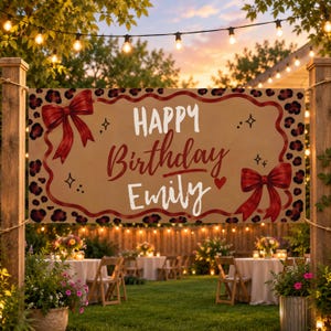 May include: A rectangular birthday banner with a tan background and a brown leopard print border. The text reads "HAPPY Birthday Emily" in white and red script. Two large red bows are positioned on the left and right sides of the banner.
