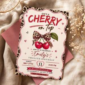 She's a Cherry on Top themed Birthday Invitation | Leopard Print, Cherries, Bow (Digital Download)