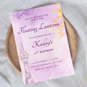 May include: A lavender invitation with the text "Floating Lanterns" for Kesley's 11th birthday. The design includes a tower silhouette, watercolor accents, and floating lantern illustrations. Details include date, time, location, and RSVP information.
