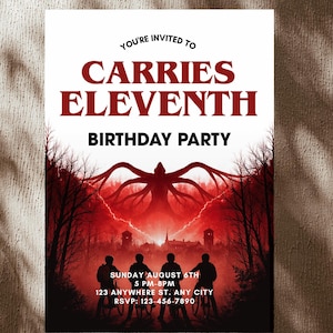 May include: A birthday party invitation with a red and black theme. The text reads "You're Invited To Carries Eleventh Birthday Party." The invitation includes the date, time, location, and RSVP information.