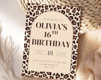 Cheetah Print Birthday Invitation Editable Canva Template, Instant Digital Download