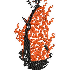 May include: Embroidered design of a character with black hair and a black and orange outfit, surrounded by orange flames. The character is holding a sword. The design is on a white background.