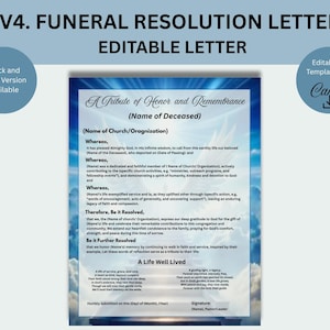 May include: A funeral resolution letter template with a blue and white design. The text includes sections for the deceased's name, church, and resolution details. The template is editable and available in black and white.
