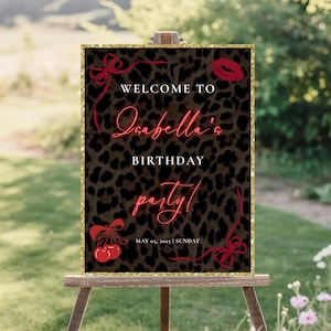 Cheetah Birthday Welcome Sign: Editable Leopard Print, Cherry Design (Digital)