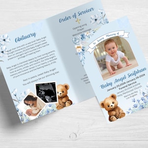 May include: A light blue memorial service program with floral decorations and a baby's photo. The text includes an obituary, order of service, and funeral details, including the baby's name and dates.