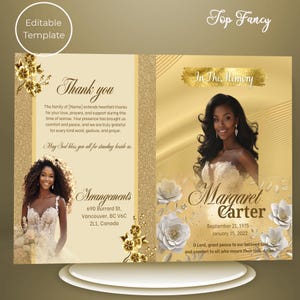 May include: A gold-toned memorial card with a photo of a woman in a white dress. The card includes the text "Thank you," "In The Memory," and "Margaret Carter." Floral and glitter accents add elegance.