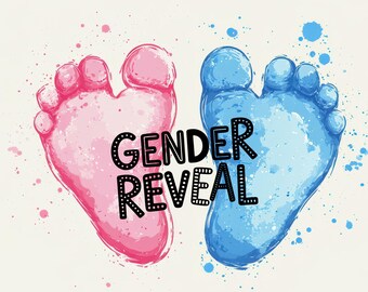 May include: A gender reveal graphic with pink and blue baby footprints. The text "GENDER REVEAL" is in black letters between the footprints. Watercolor paint splatters in pink and blue surround the footprints.