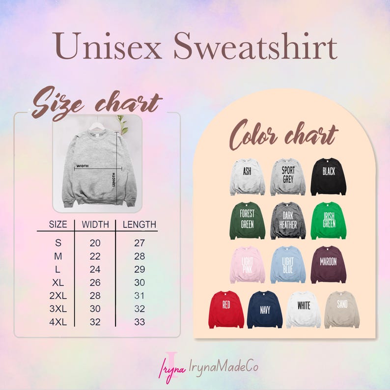 May include: A graphic showing a size and color chart for a unisex sweatshirt. The size chart lists sizes S-4XL with width and length measurements in inches. The color chart displays various sweatshirt colors, including ash, black, and red.