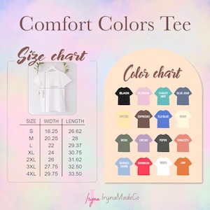 May include: A graphic showing a white t-shirt with a size chart and color options. The size chart lists sizes S to 4XL with width and length measurements in inches. The color chart displays various t-shirt colors, including black, blue jean, and watermelon.