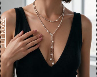 Vintage Perlen-Lariat-Halskette, verstellbare lange Perlen-Y-Halskette für Damen