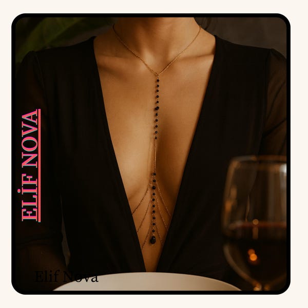 Black Crystal Body Chain Necklace – Elegant Layered Chest Jewelry