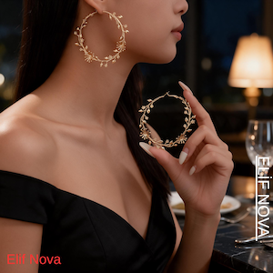 May include: Large gold hoop earrings featuring a delicate vine and floral motif. The circular earrings are crafted with intricate metal leaves and small flower details along the entire circumference. The text ELIF NOVA is visible.