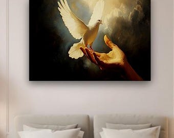 Canvaskunst witte duif – Inspirerende hand- en vogelschilderij voor modern interieur