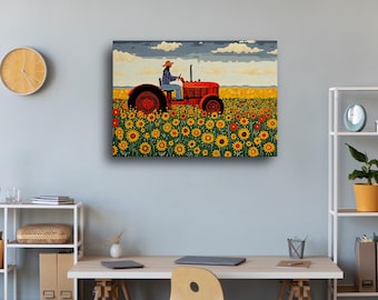Tractor Sunflower Field Canvas Art: Rustic Farmhouse Decor