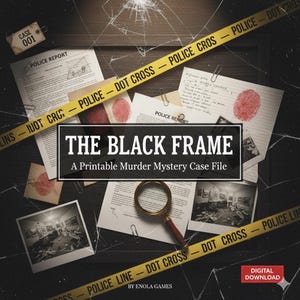 Puede incluir: Gráfico de descarga digital para "The Black Frame", un archivo de caso de misterio de asesinato imprimible. La imagen presenta elementos de la escena del crimen como cinta de la policía, evidencia de huellas dactilares y una lupa.