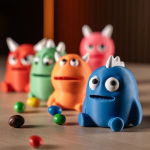 Puede incluir: Una colección de figuras de monstruos coloridos y caricaturescos en rojo, verde, naranja, rosa y azul. Cada uno tiene una expresión única y detalles blancos. Caramelos dispersos de varios colores en primer plano. Las figuras están sobre una superficie de madera clara.