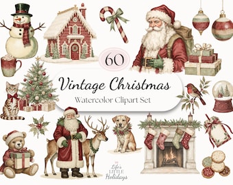 Vintage Christmas Watercolor Clipart Retro Holiday PNGs for Sublimation Scrapbooking Card Making Crafts DIY Projects